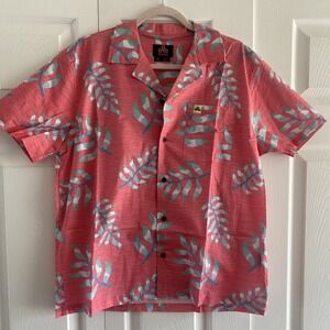 Cloud9 Leaf Print Button Up Shirt Mens Size M Coral Pink Cotton Blend Tropical